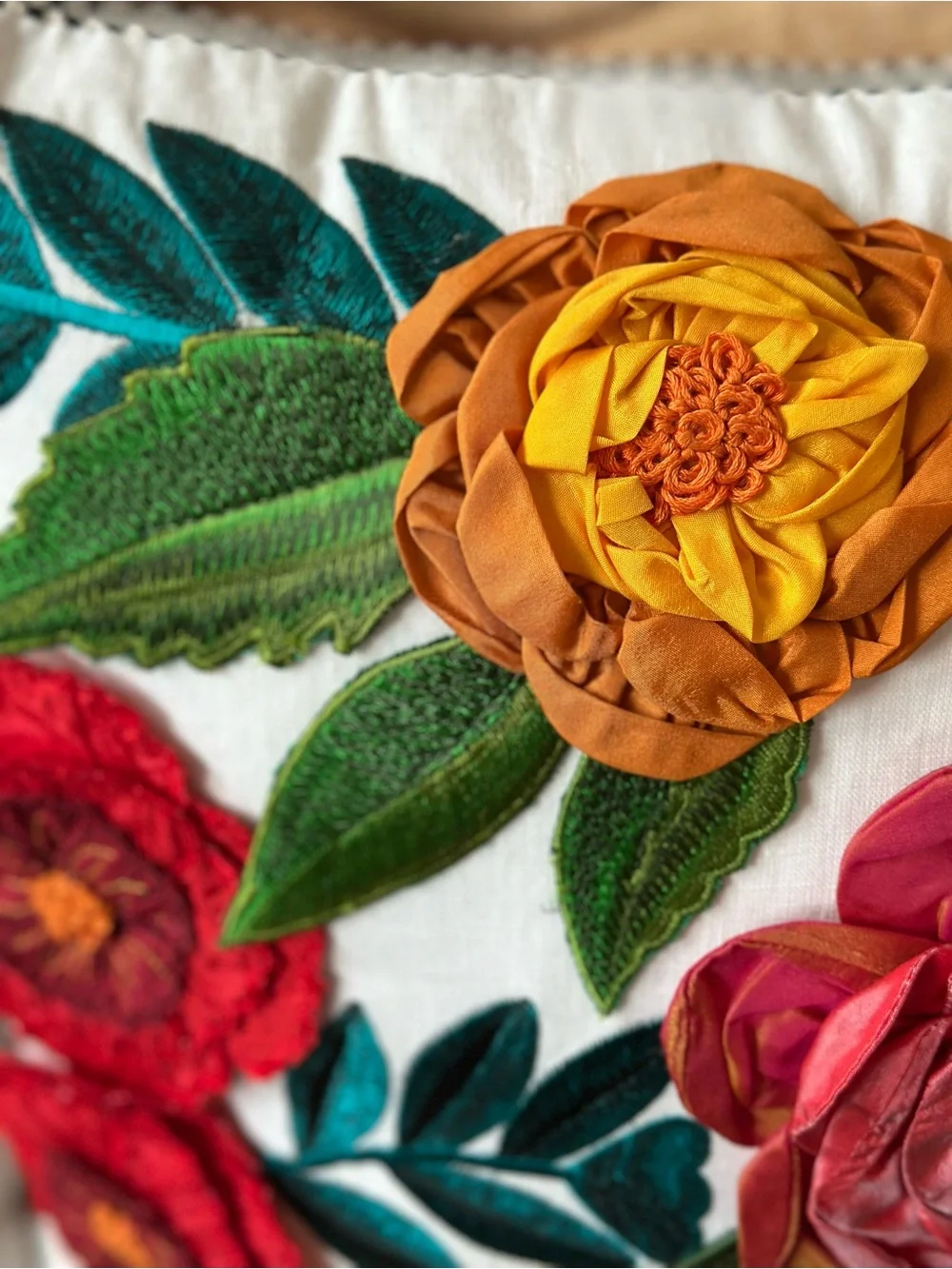 Mackenzie Childs Embroidered Floral Pillow w/3D Appliqué Red, Yellow, Green